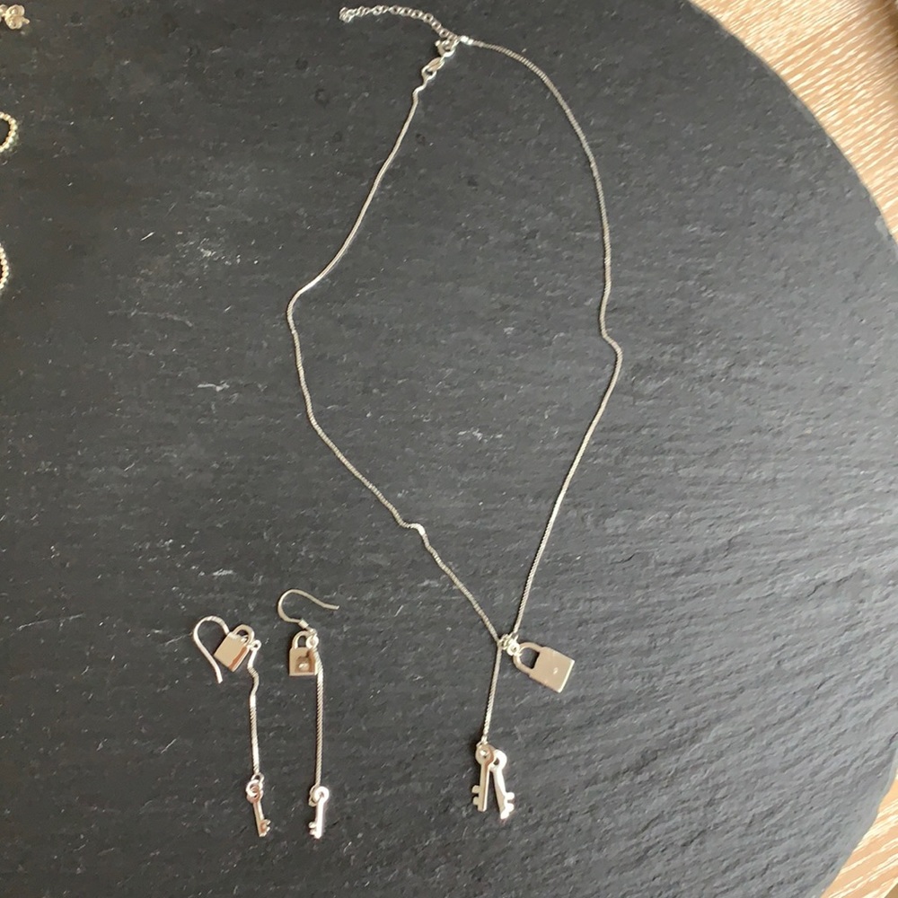 Lock & Key Necklace & earrings set. Sterling silver s925.